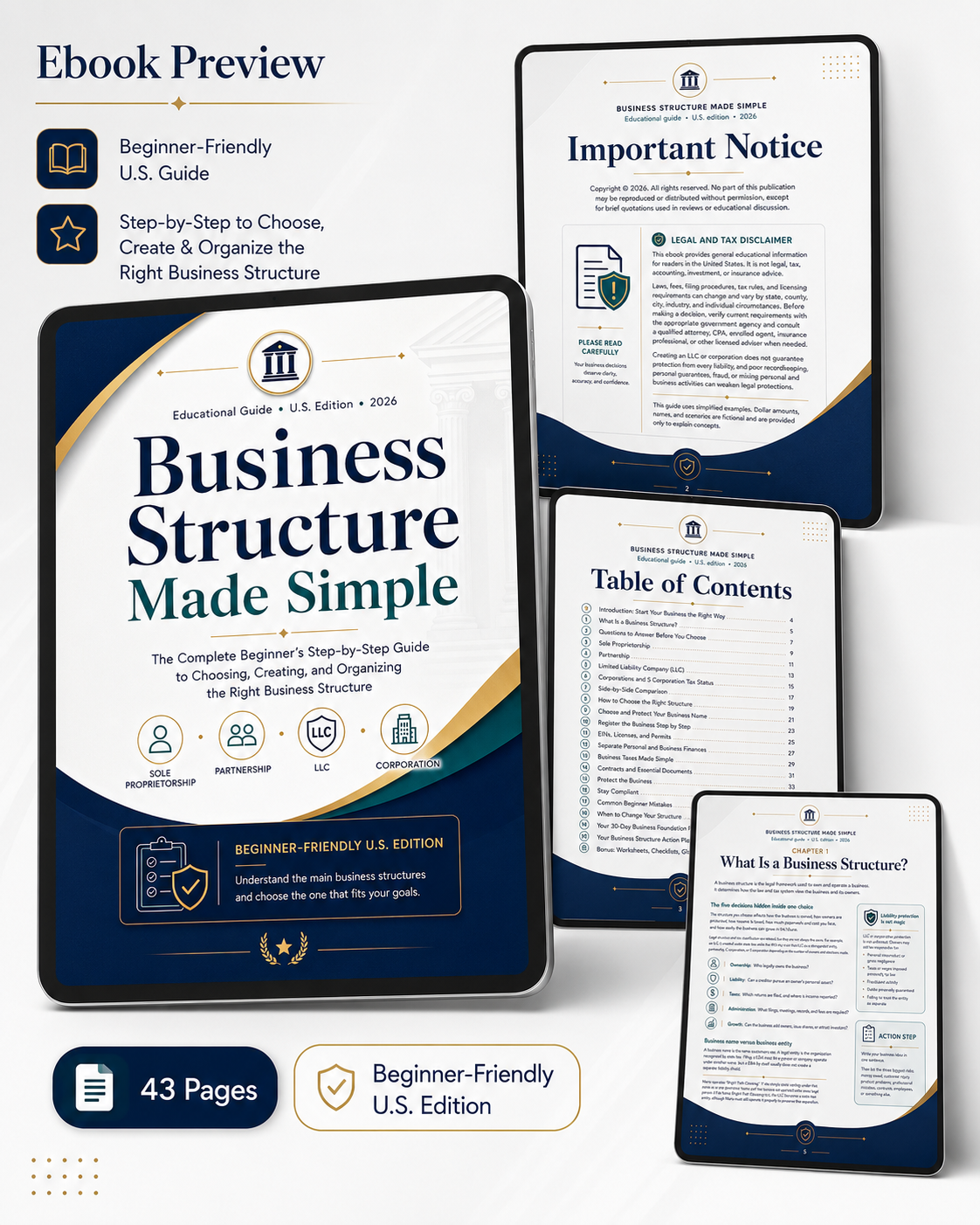 Digital preview collage for an ebook titled 'Business Structure Made Simple' shown on multiple tablet and phone mockups, with page previews for the cover, important notice, table of contents, and a chapter on business structures. Text highlights beginner-friendly U.