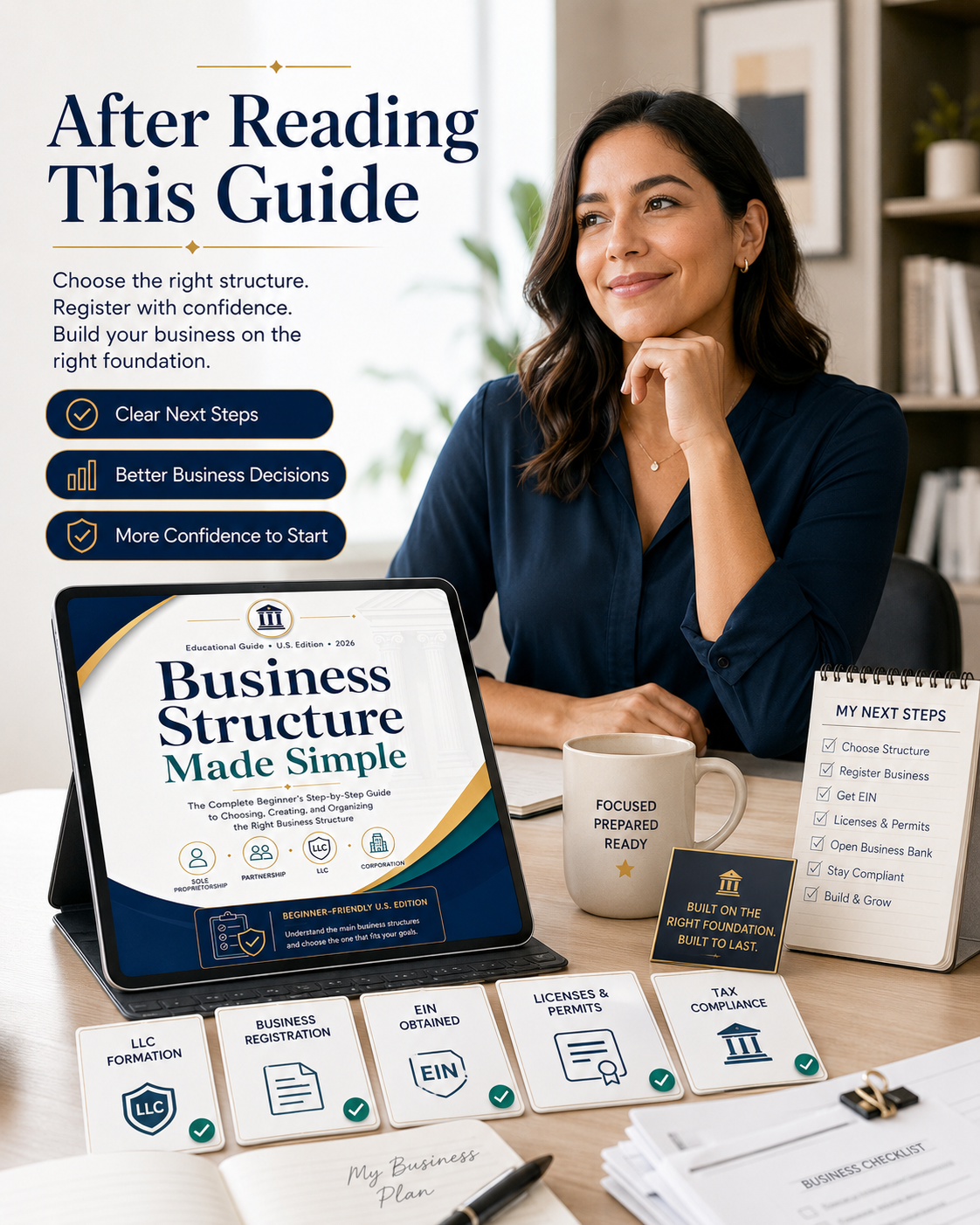 A promotional graphic for an after-reading guide titled 'After Reading This Guide' with a woman seated at a desk, a tablet showing a business plan template, cards, a mug, and a small notebook on a table in a bright office setting.